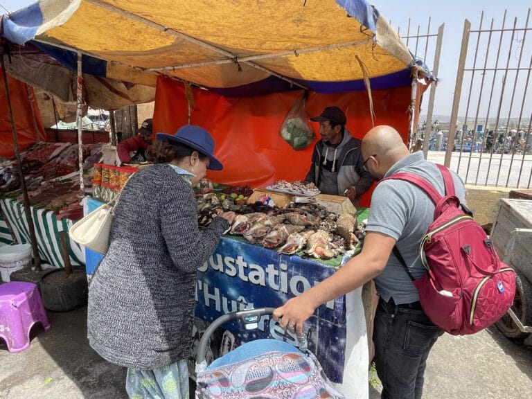 A bustling seafood tasting market where shoppers explore various food items displayed on the ground.