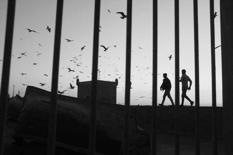 Two young men walking at sunset on Essaouira's fishing port